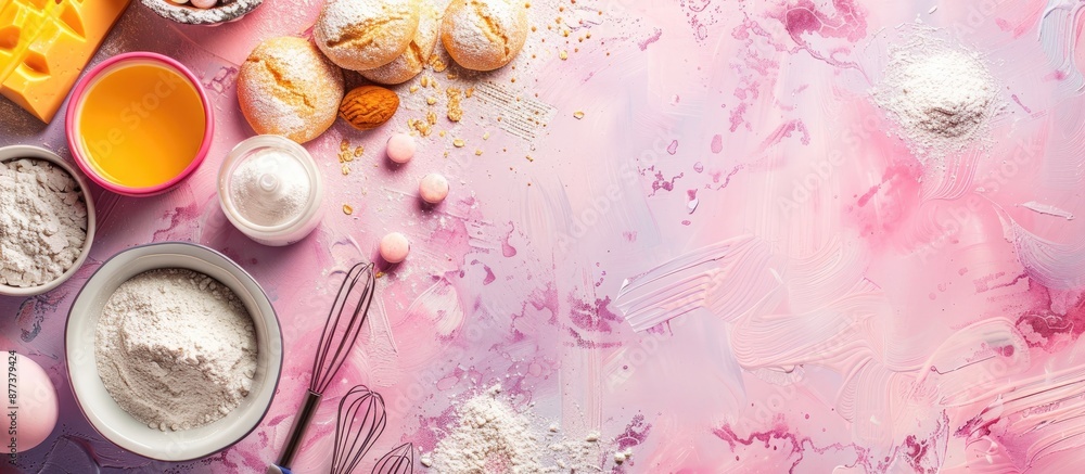 Poster top view of baking ingredients and utensils displayed on a pastel surface with copy space image