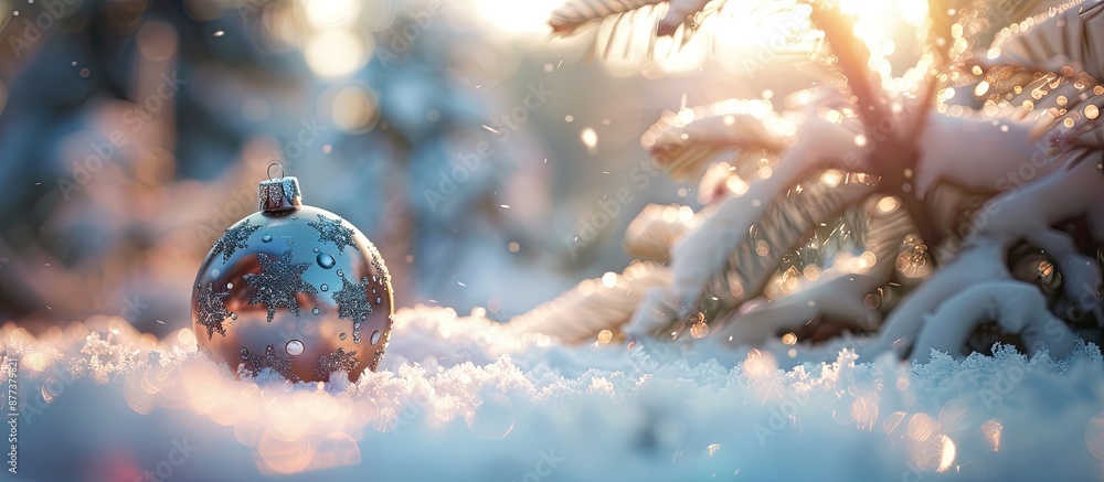 Poster a wintry scene with a christmas ornament resting on fresh snow creating a serene and festive ambianc