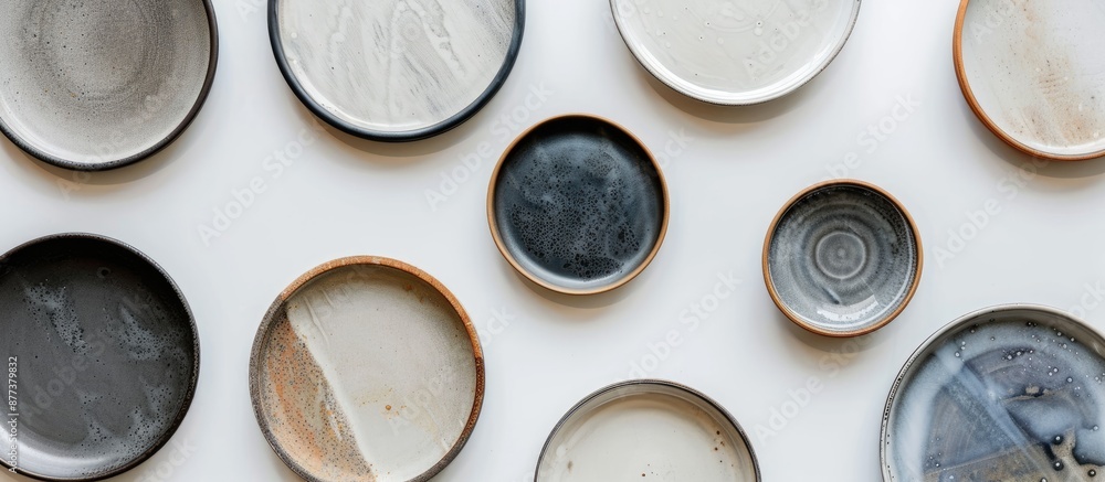 Poster empty ceramic plates arranged with copy space image on a white background in a top down view