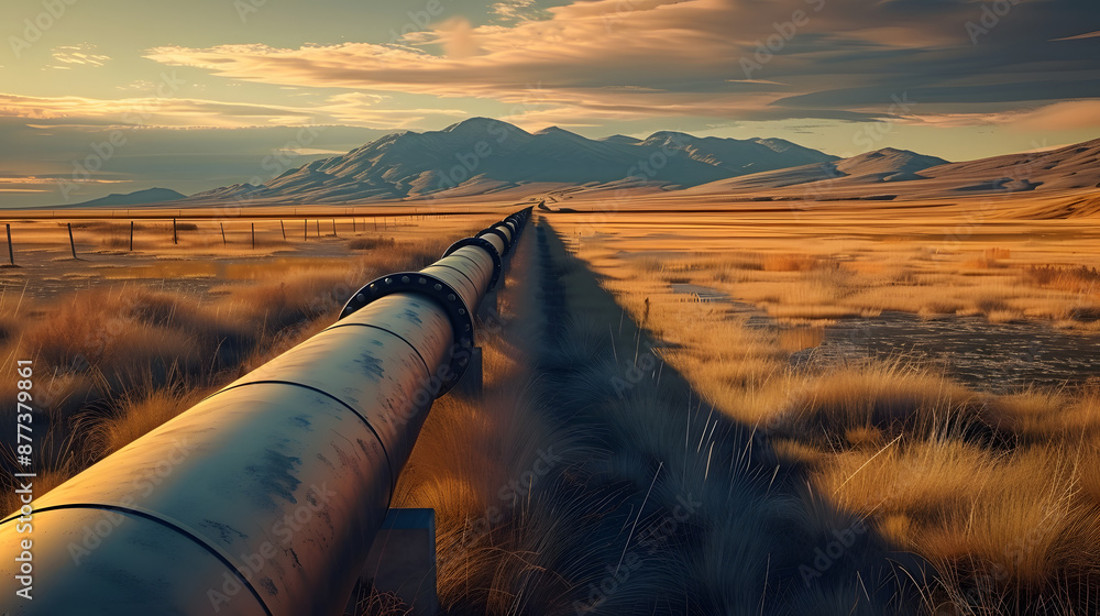 Poster oil pipeline running through a field towards a mountain in the distance.