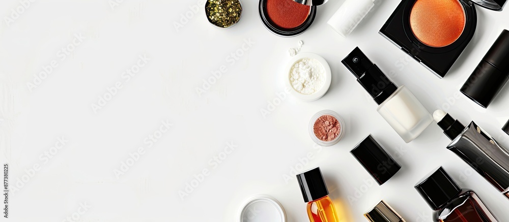 Poster various beauty products displayed on a white background with space for text or other elements in the