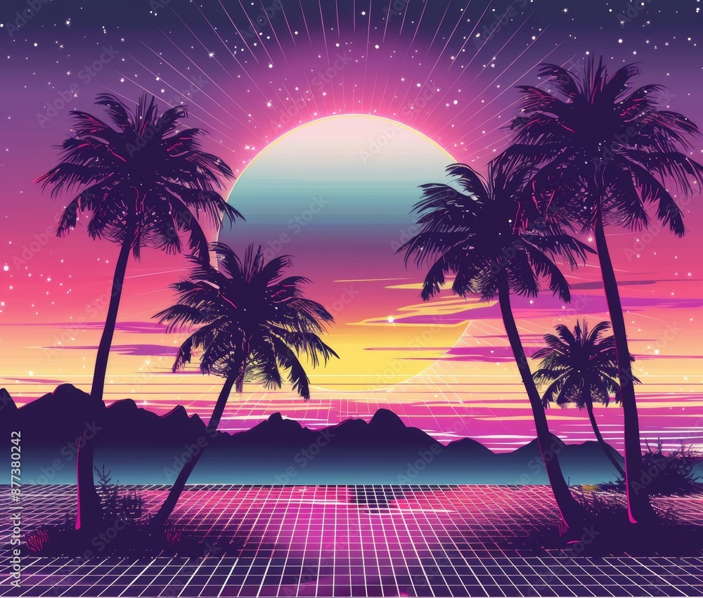 Poster a neon, synthwave, and retrowave background template influenced by 80s computer graphics and retro v