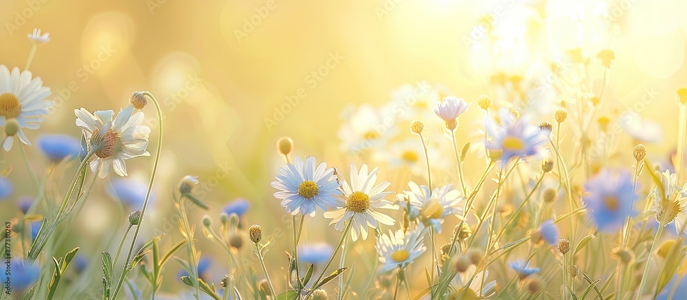 Poster summer background with blooming chamomile and blue cornflowers illuminated from behind ideal for add