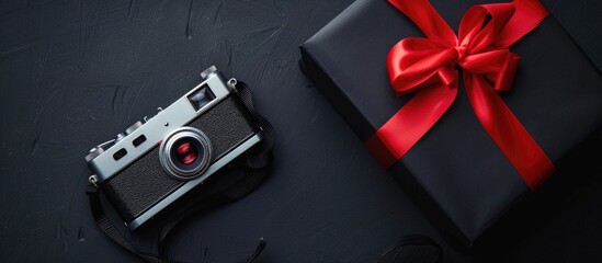 Vintage camera beside a black gift box with a red ribbon displayed on a black background in a top view flat lay setting with a copy space image for a minimalist photographer s aesthetic