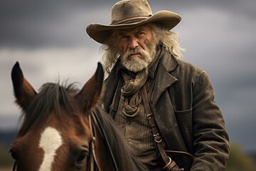 Weathered cowboy in hat and coat stands by a horse, conveying a sense of the wild west