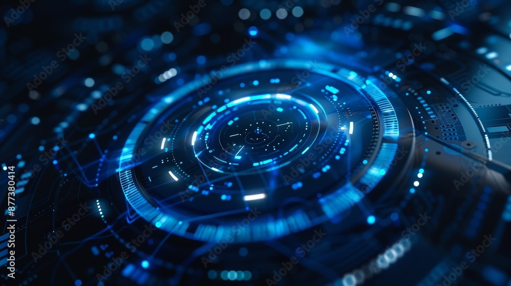 Poster a futuristic hud interface, a radar screen with various technology elements and a concept of busines