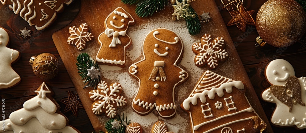 Sticker Gingerbread cookies decorating a Christmas scene with a copy space image