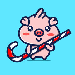 Cute cartoon pig is holding candy