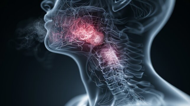 A medical illustration depicting the human throat, with the tonsils highlighted in red.  The image emphasizes the importance of throat health.