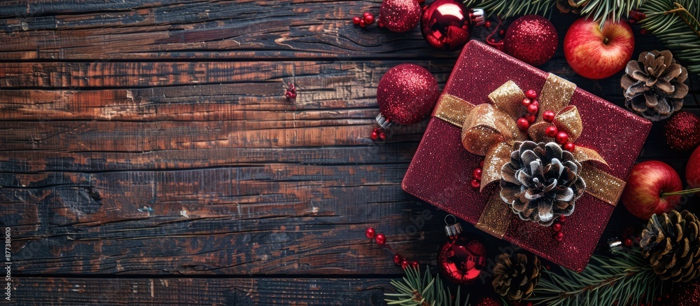 Poster wooden background with a red glitter gift box shape gold bow pine cone and fruit spray creating a fe