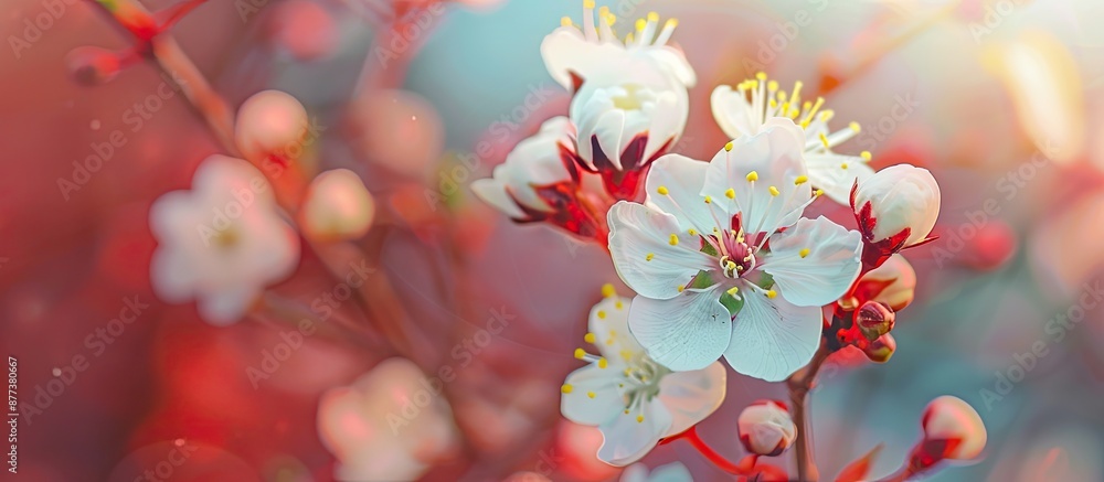 Poster close up shot of a fruit tree flower in early spring with selective focus creating a spring backgrou