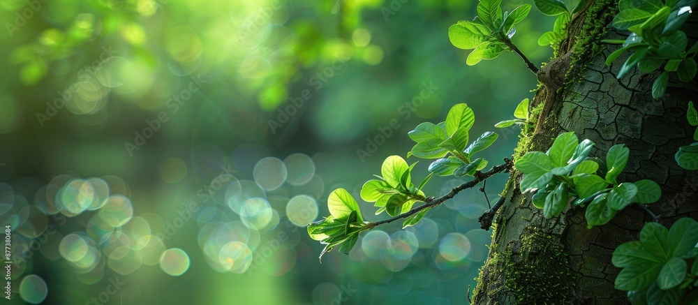 Poster outdoors a branch with fresh green foliage sprouting from a tree trunk in a scenic setting suitable 