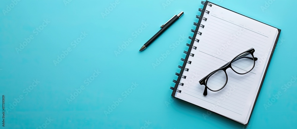 Poster aerial perspective of a notebook and glasses on a blue backdrop with copy space image included