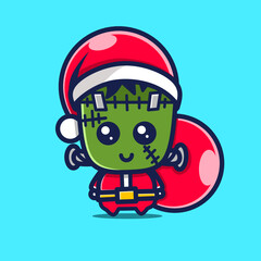 Funny cartoon frankenstein wearing santa suit and carrying gifts