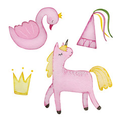 Watercolor fairy tale set, cute unicorn, princess swan, nursery © SvetaArt