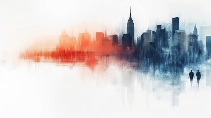 A watercolor painting of a city skyline with a  warm and cool color palette.  The cityscape is silhouetted against a white background.