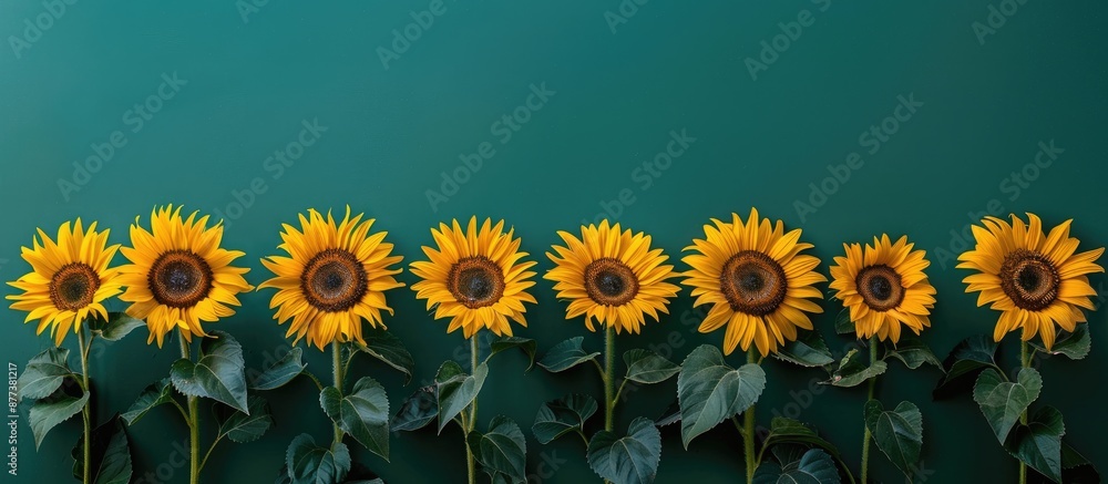 Poster sunflowers arranged in a row in front of a green backdrop for a copy space image