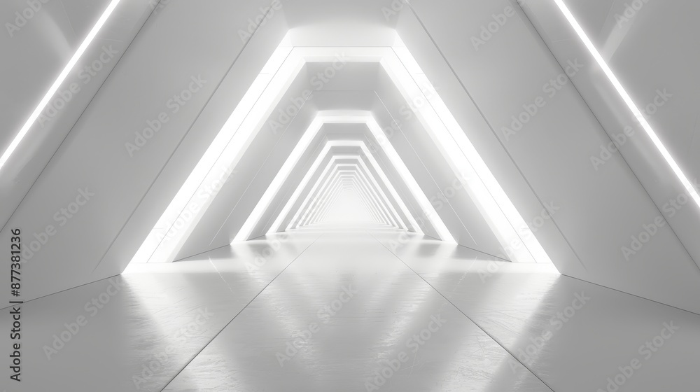 Aufkleber modern white background with futuristic sci-fi triangle tunnel. 3d rendering of an empty long light 
