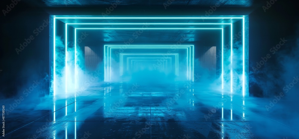 Poster spaceship and fog futuristic sci-fi reflections fluorescence 3d rendering underground tunnel corrido