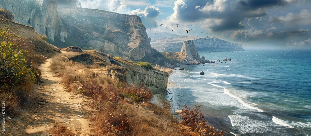 Poster scenic crimean view with a winding trail along steep cliffs over an isolated sandy coastline meeting