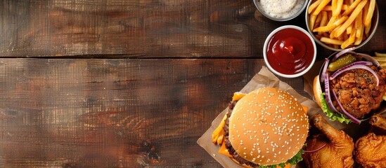 A top down view of a barbecue hamburger fries and fried chicken on a wooden surface with space available for additional text in the image