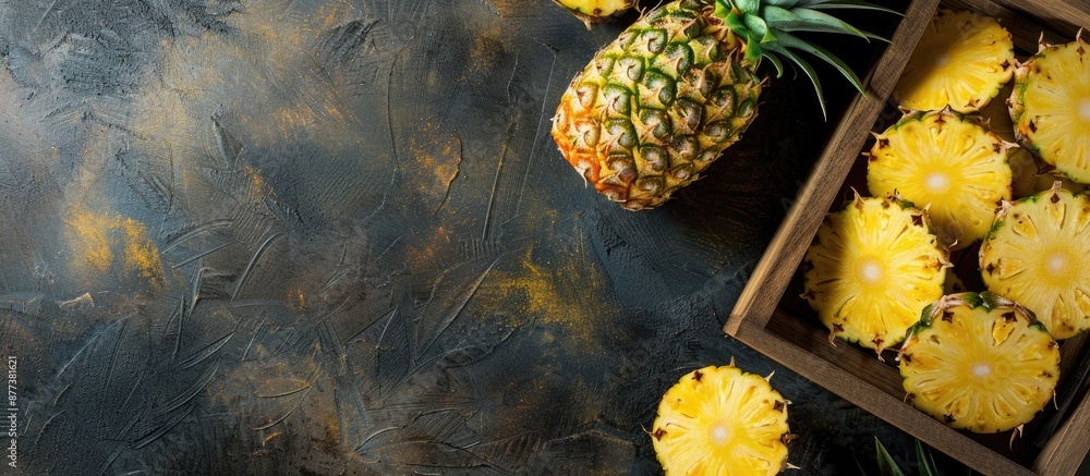Aufkleber flat lay of delicious pineapple slices in a wooden crate on a table with room for writing next to it