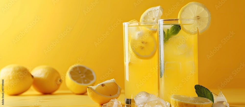 Poster refreshing lemonade in glasses on a bright background with empty copy space image