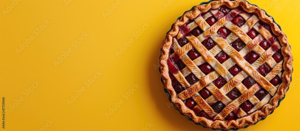 Poster a tempting cherry pie seen from above rests on a yellow backdrop with a clear area for adding text o