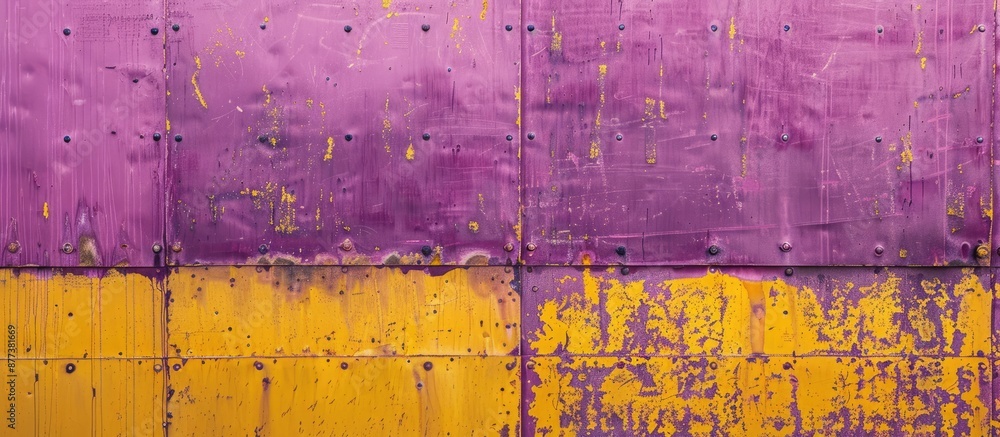 Poster background texture of a metal wall in yellow and purple hues with a blank space for an image to be i