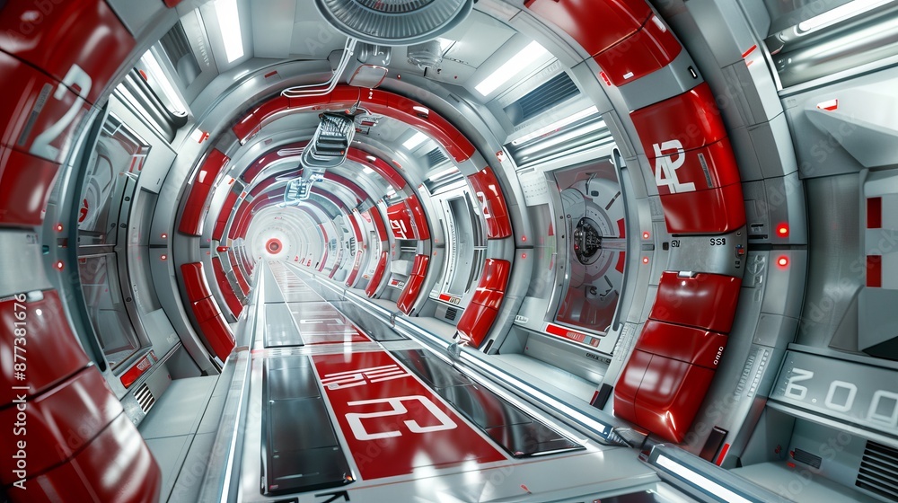 Poster this image is a 3d clay rendering of a realistic sci-fi dark corridor with red light. it is a futuri