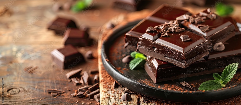 Poster decadent chocolate dessert displayed on a rustic table with a clear background for copy space image