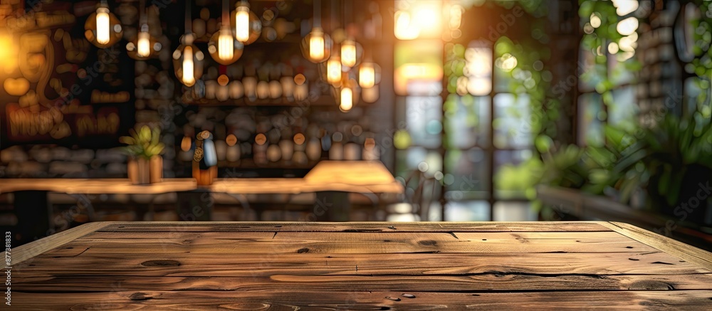 Poster wooden table in a bar restaurant or cafe with a menu frame ready for text marketing promotion and fe