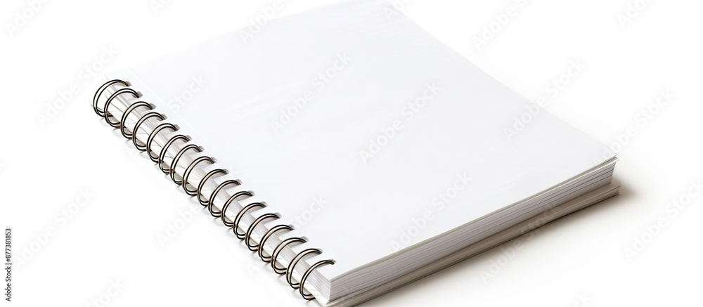 Poster isolated on a white background a spiral bound notepad displays a blank white page with ample copy sp