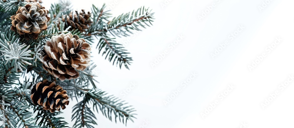 Poster Golden pine cones and an ornament decorate a fir tree branch in the left corner against a white Christmas backdrop providing ample copy space image