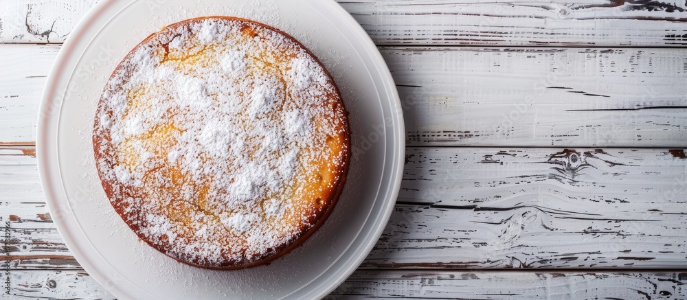 Canvas Prints Top down view of a homemade yogurt cake with powdered sugar on a white wooden surface ideal for copy space image