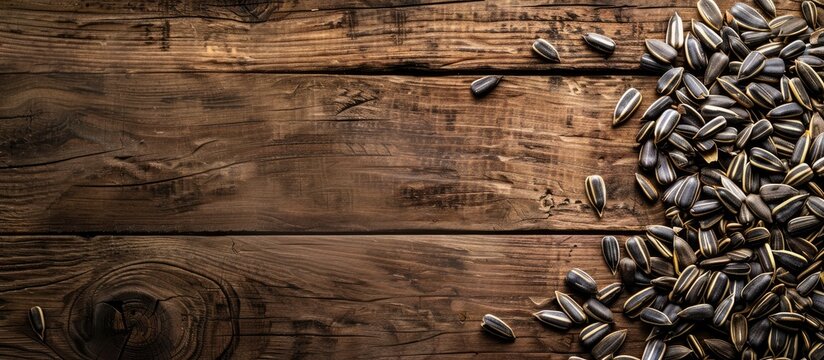Fresh sunflower seeds displayed on a wooden table with a rustic texture creating a visually appealing background for a copy space image
