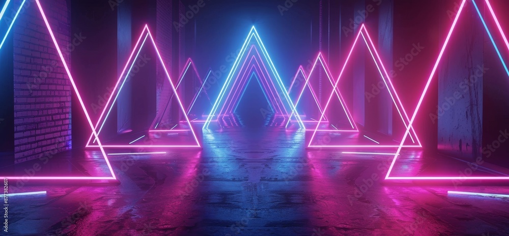 Poster virtual cyber vibrant triangle rectangle abstract shaped tunnel corridor metal chip reflective textu
