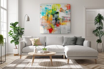 The living room features design furniture, plants, bamboo bookcases, and a wooden desk. The room also has a brown wooden parquet floor and a painting on the white wall.