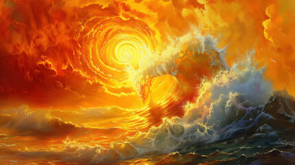 Surreal Ocean Wave Under Fiery Sunset Sky