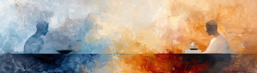 Abstract watercolor painting of two figures in a landscape.