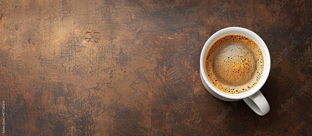 Poster desk with a white mug of hot coffee seen from above on a brown surface offering a place for your tex