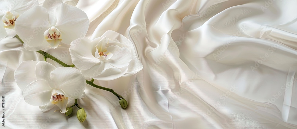 Poster white orchid displayed on a white fabric background with copy space image available