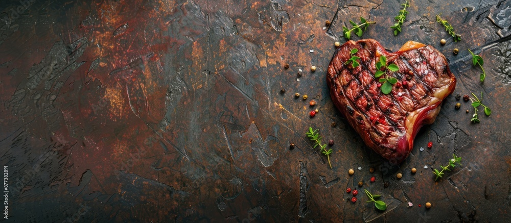 Poster heart shaped marble beef steak seasoned and grilled on a stone backdrop with room for text in the im