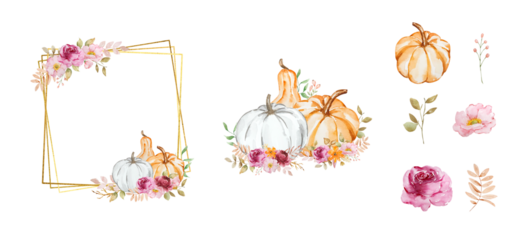 Gold autumn frames set with watercolor pumpkins, flowers. fall leaves