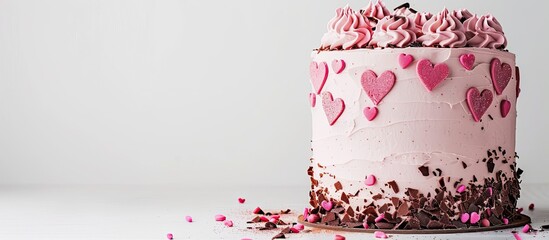 A pink vanilla cream cake embellished with pink hearts chocolate cream and a white background ideal for Valentine s Day or weddings Perfect for a copy space image