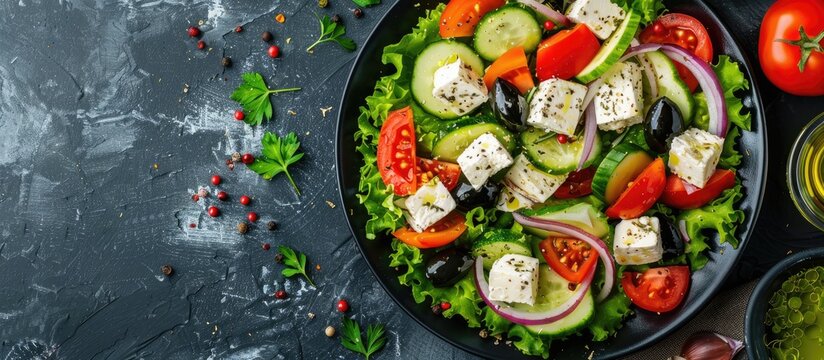 Top view copy space image of a fresh Greek salad with cucumber tomato sweet pepper lettuce red onion feta cheese and olives is a great example of healthy food
