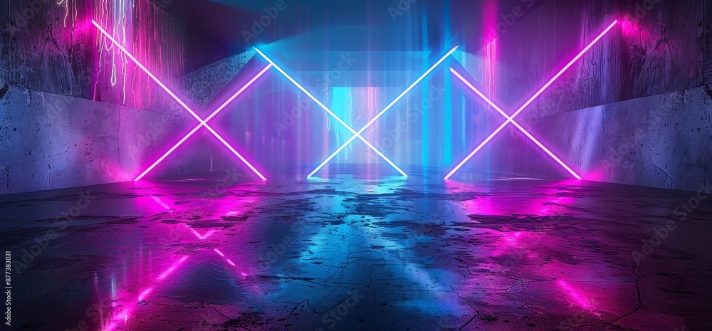 Aufkleber virtual 3d rendering of neon lights with x shapes in a futuristic sci-fi setting glowing blue and pu