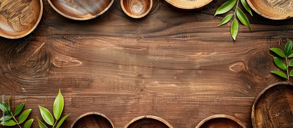Poster wooden plates displayed on a background of wood with ample copy space image