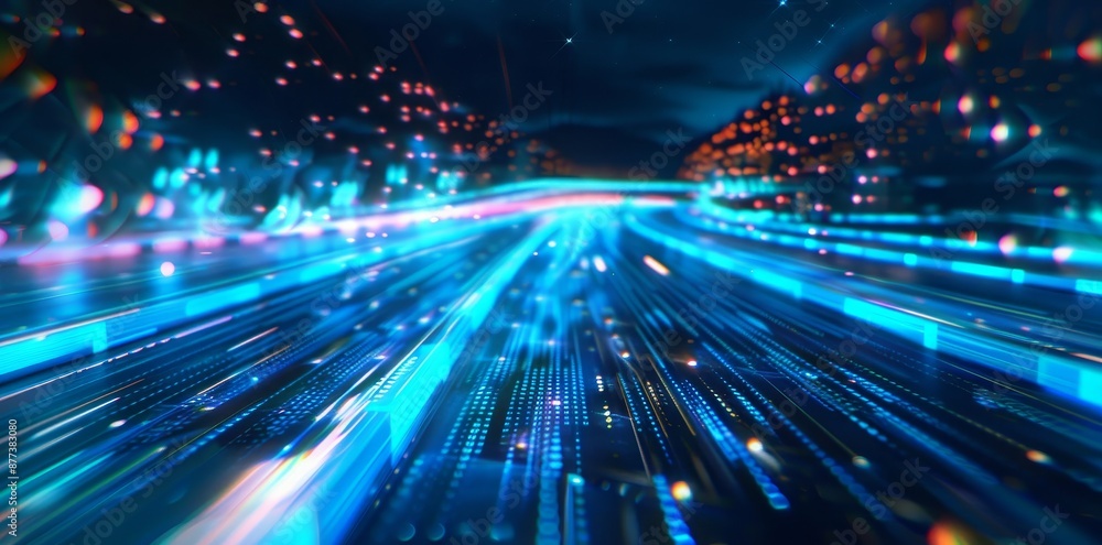 Poster rendering of digital binary towers in a city. concept of big data, machine learning, stock markets, 