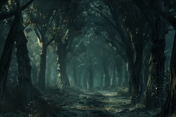Fototapeta premium A Foggy Forest Path Leading Through Tall Trees